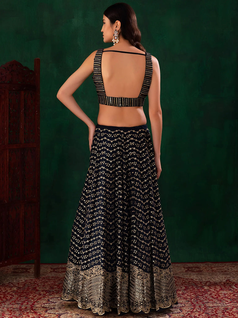 Charming Navy Blue Sequins Georgette Party Wear Lehenga Choli