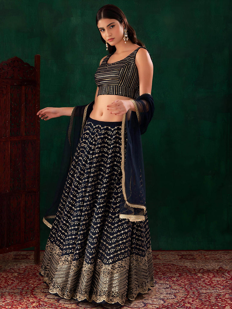 Charming Navy Blue Sequins Georgette Party Wear Lehenga Choli