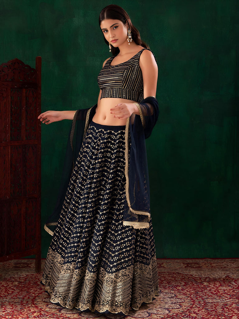 Charming Navy Blue Sequins Georgette Party Wear Lehenga Choli