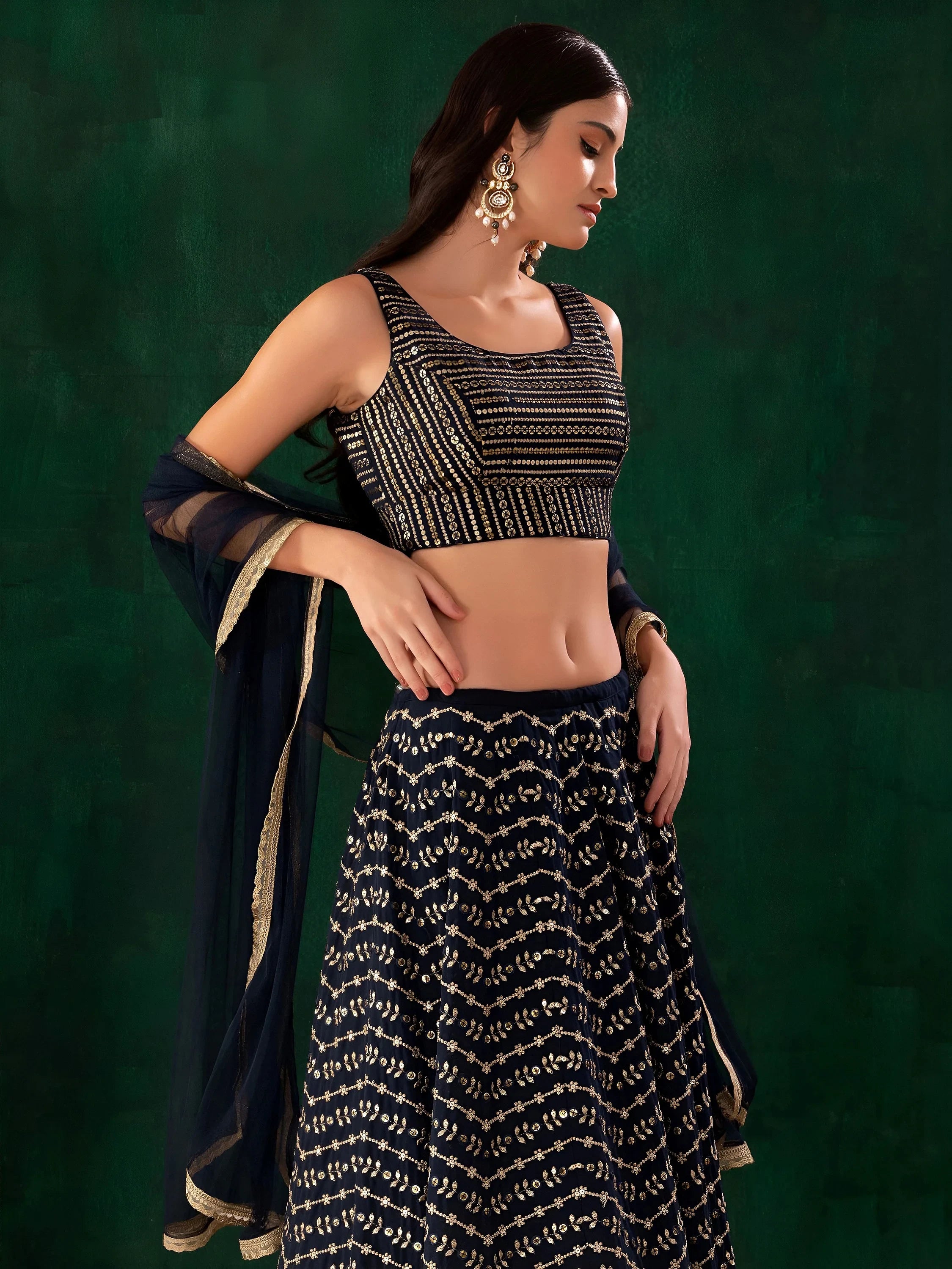 Charming Navy Blue Sequins Georgette Party Wear Lehenga Choli