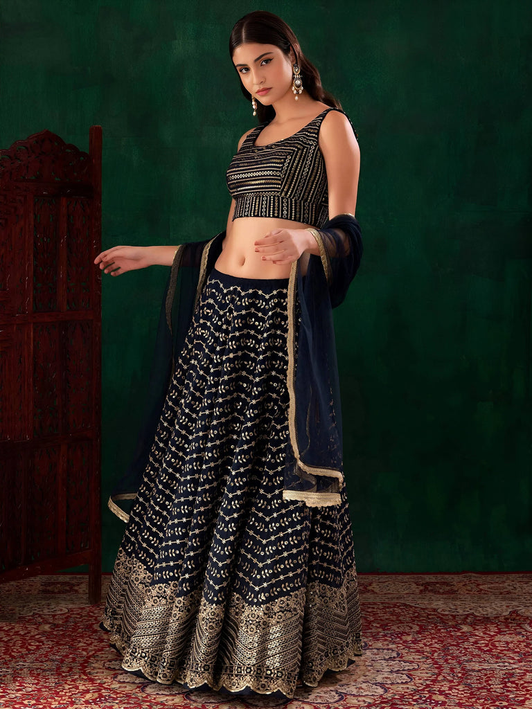 Charming Navy Blue Sequins Georgette Party Wear Lehenga Choli