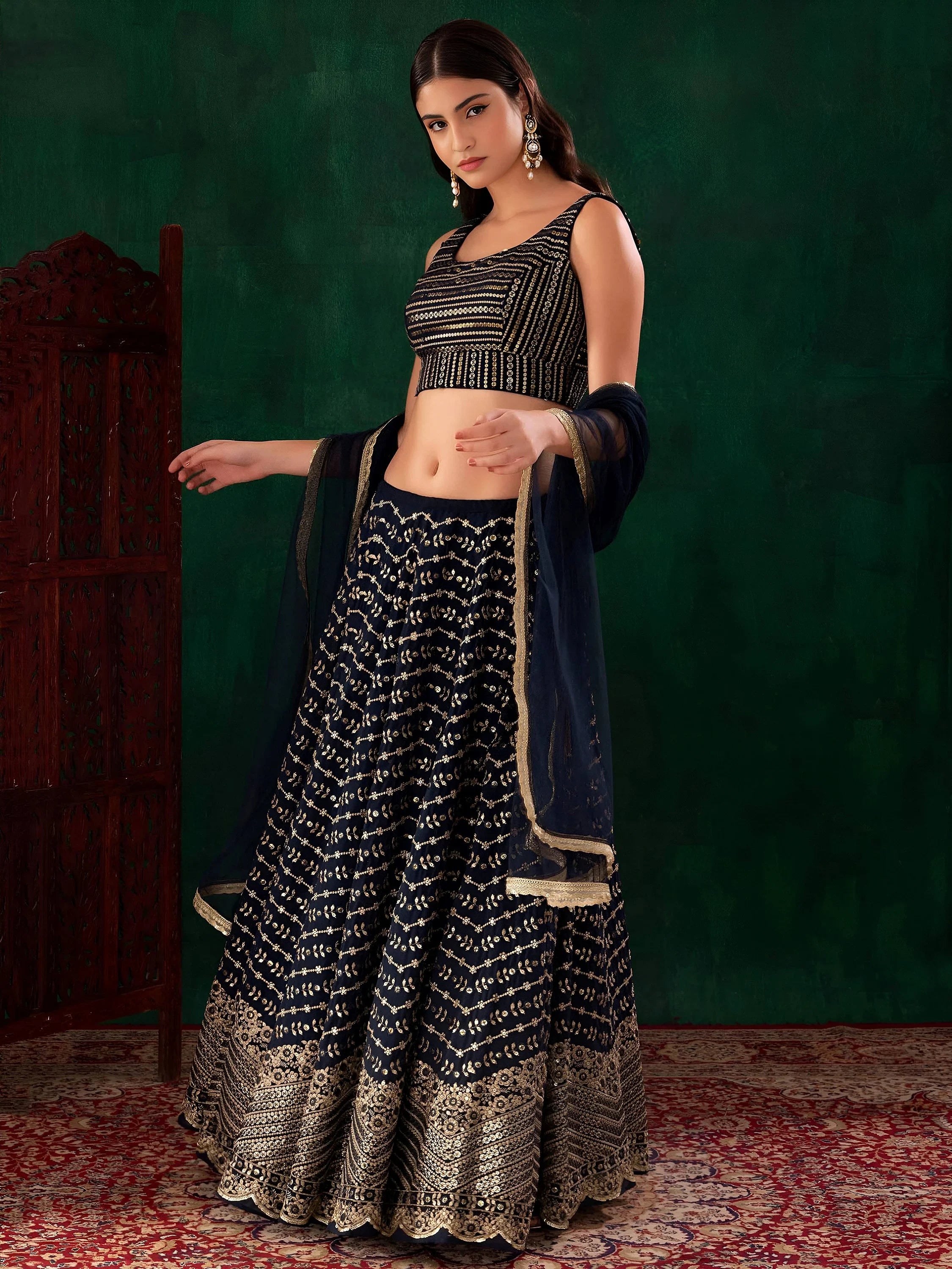 Charming Navy Blue Sequins Georgette Party Wear Lehenga Choli