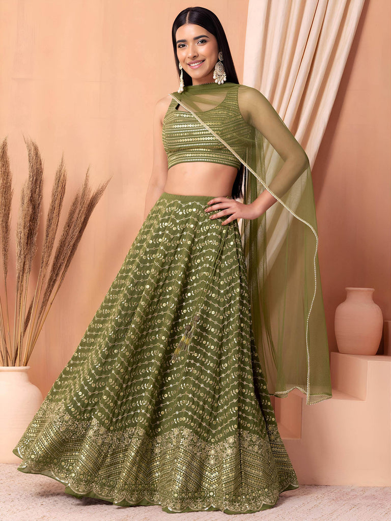 Stunning Green Zari Embroidered Georgette Mehendi Wear Lehenga Choli