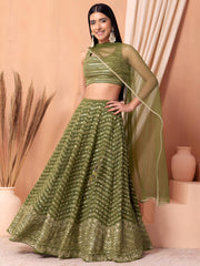 Stunning Green Zari Embroidered Georgette Mehendi Wear Lehenga Choli