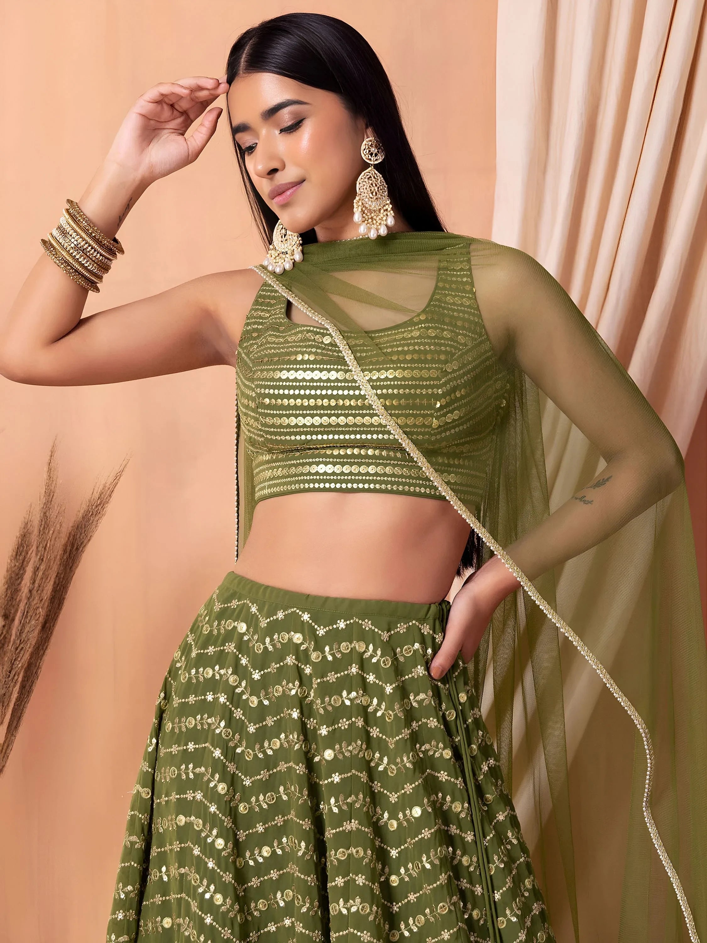 Stunning Green Zari Embroidered Georgette Mehendi Wear Lehenga Choli