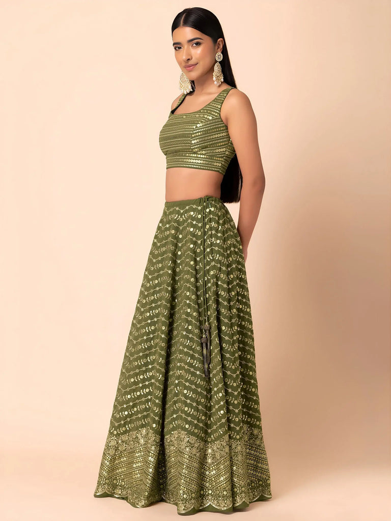 Stunning Green Zari Embroidered Georgette Mehendi Wear Lehenga Choli