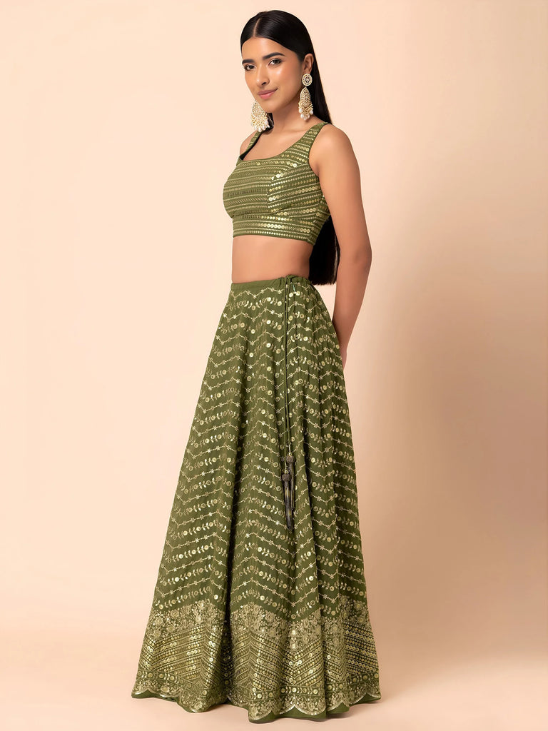 Stunning Green Zari Embroidered Georgette Mehendi Wear Lehenga Choli