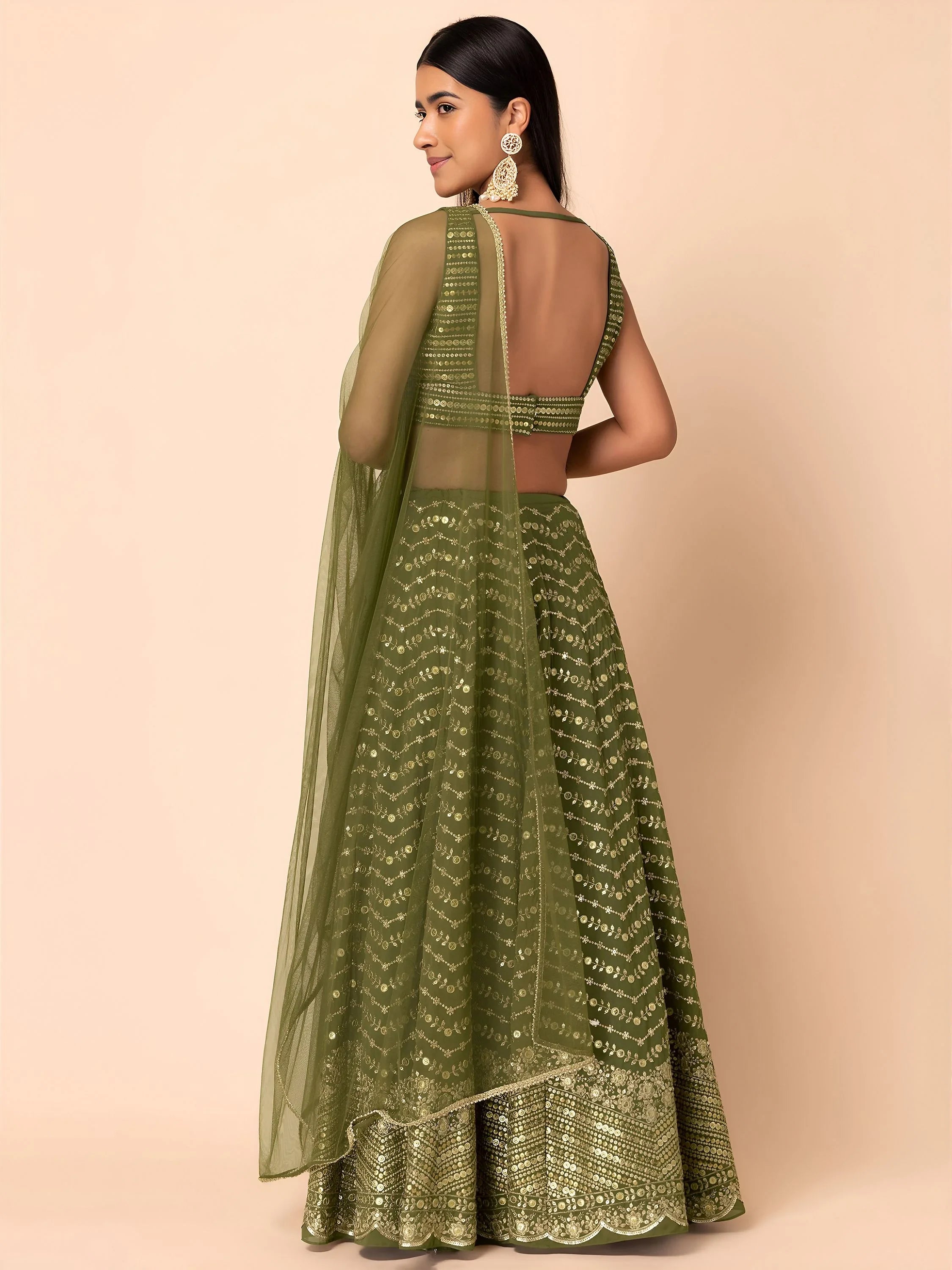 Stunning Green Zari Embroidered Georgette Mehendi Wear Lehenga Choli