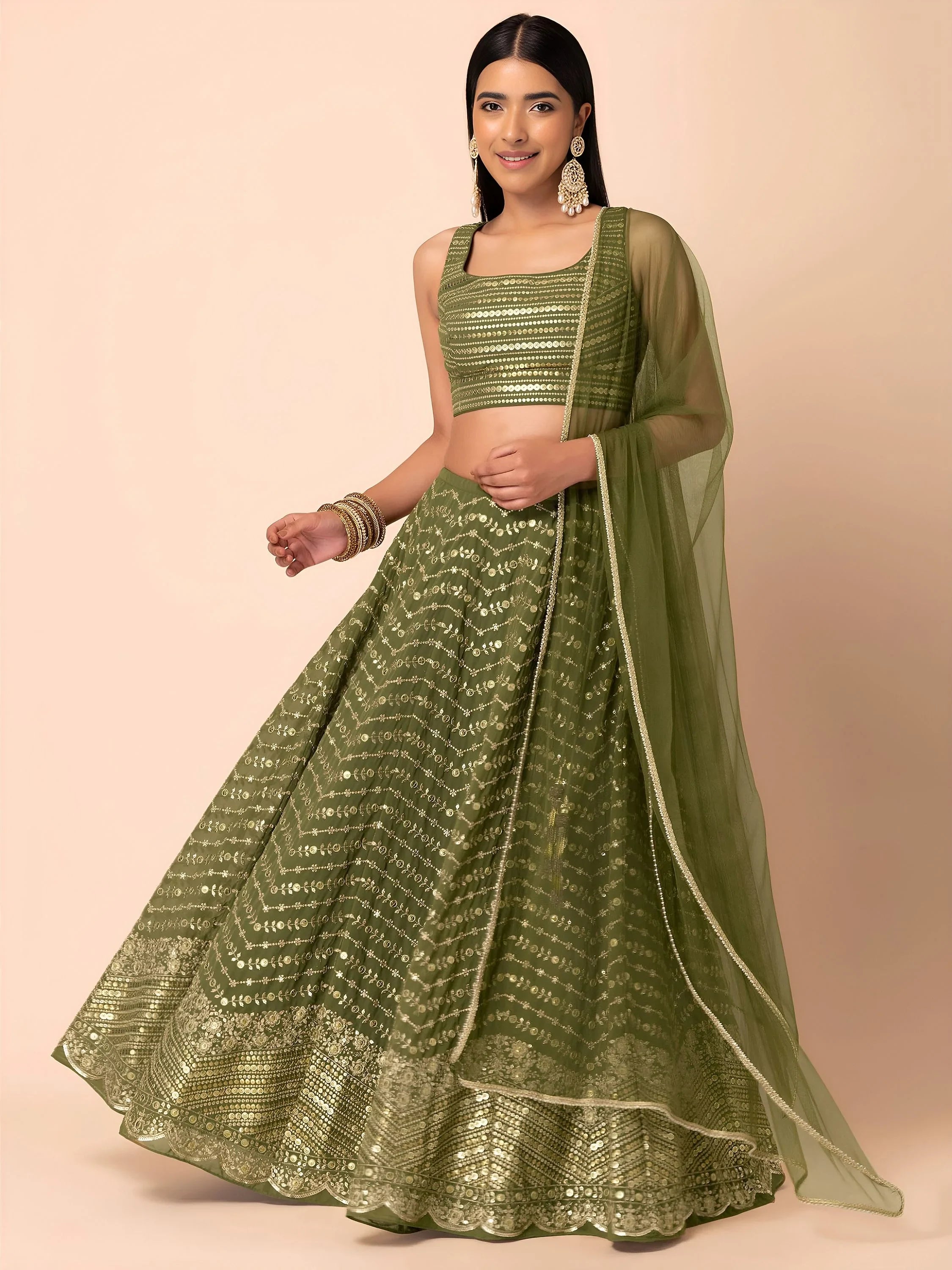 Stunning Green Zari Embroidered Georgette Mehendi Wear Lehenga Choli