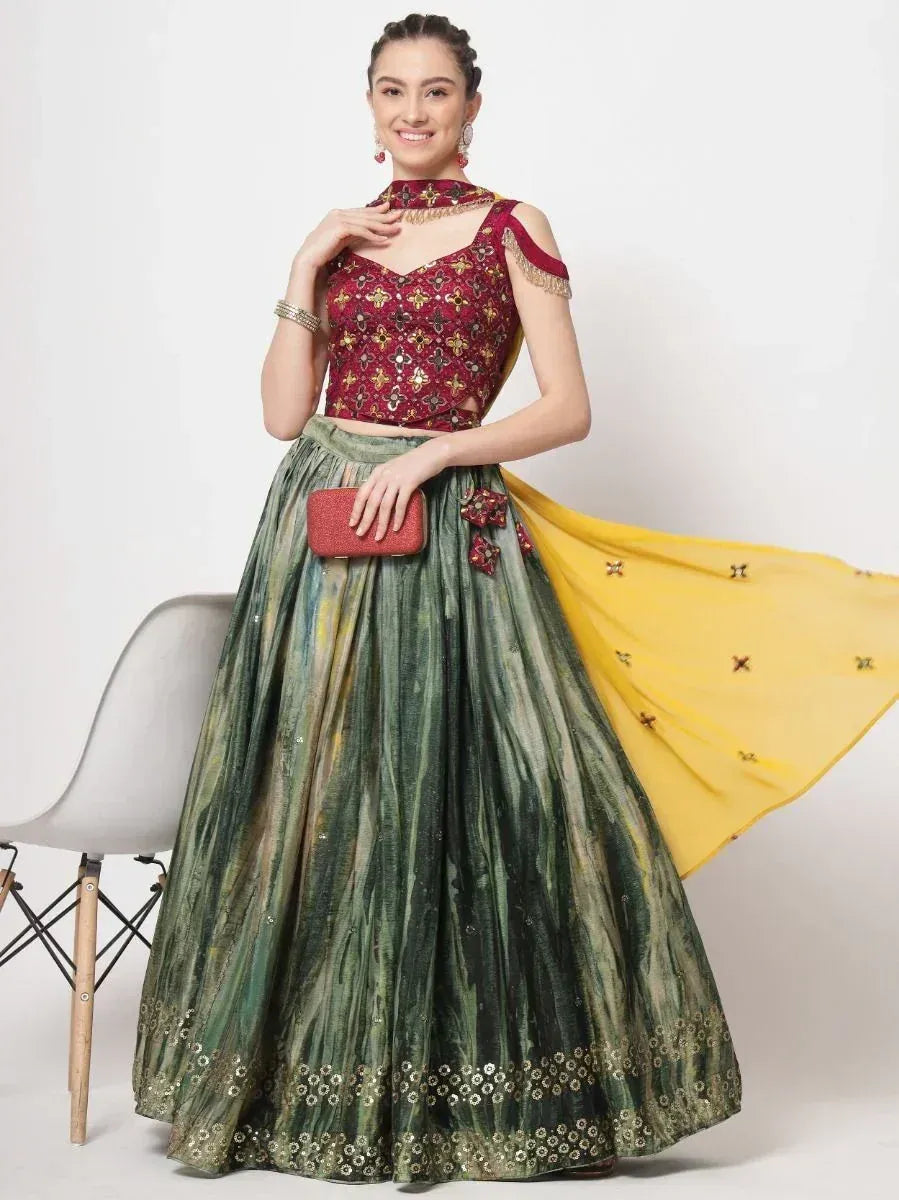 Maroon embroidered blouse with green lehenga and yellow dupatta, Indian ethnic wear