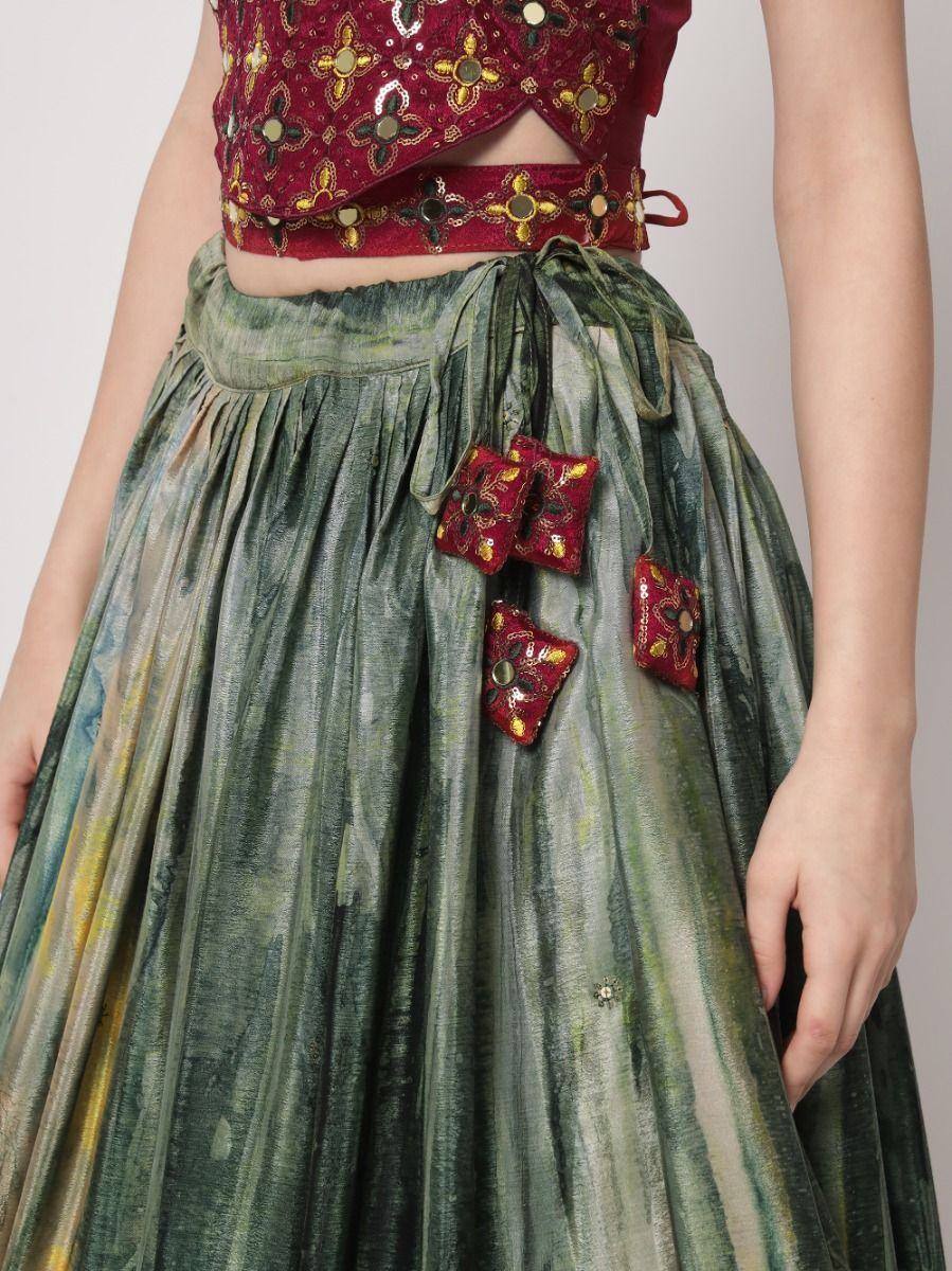 Maroon embroidered crop top with green pleated skirt, Indian ethnic wear, designer lehenga choli details