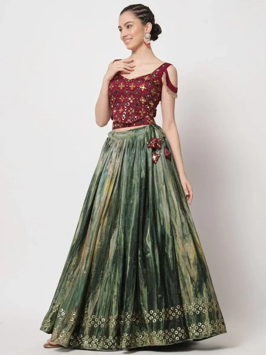 Maroon embroidered crop top with green pleated lehenga, Indian ethnic wear for women