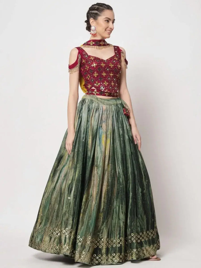 Enchanting Green Digital Printed Chinon Silk Lehenga Choli
