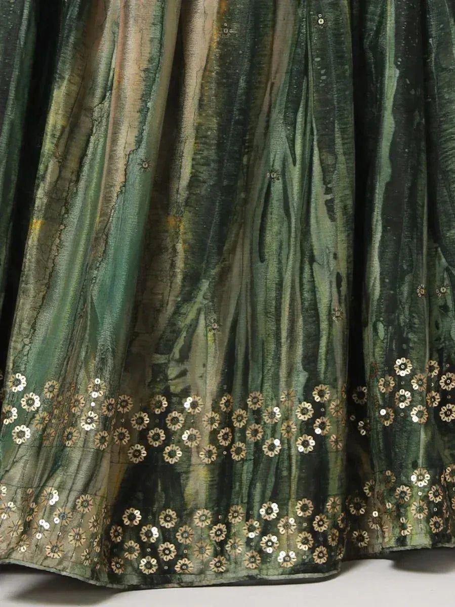 Green ethnic lehenga skirt with floral sequin embroidery and tie-dye pattern
