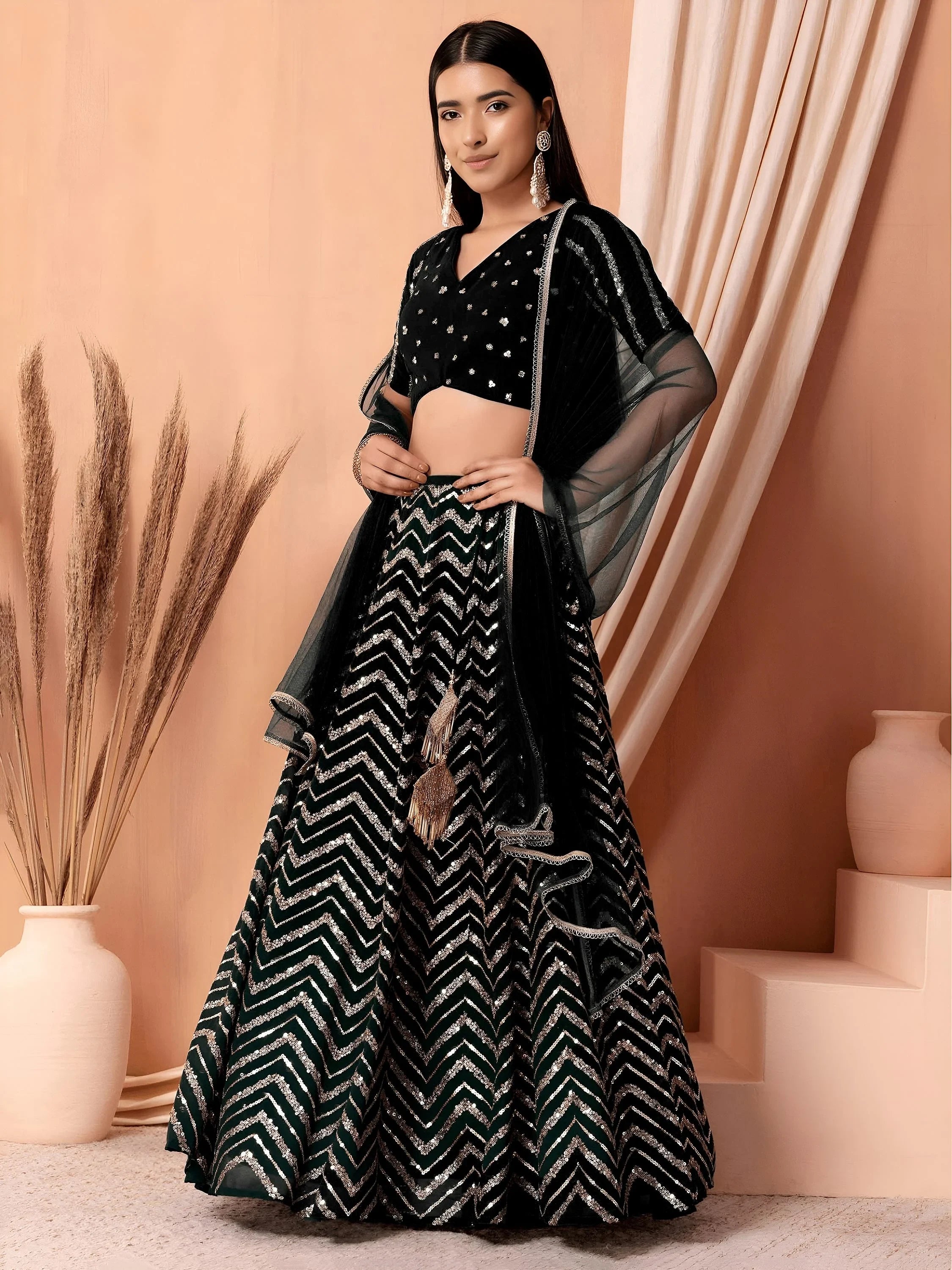 Lovely Black Zari Embroidered Georgette Reception Wear Lehenga Choli