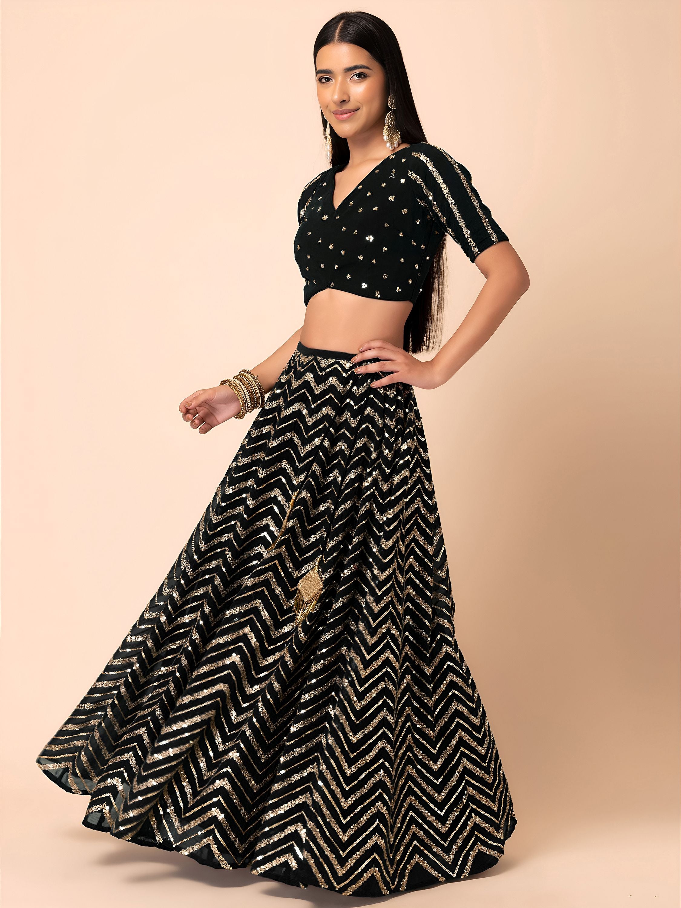 Lovely Black Zari Embroidered Georgette Reception Wear Lehenga Choli