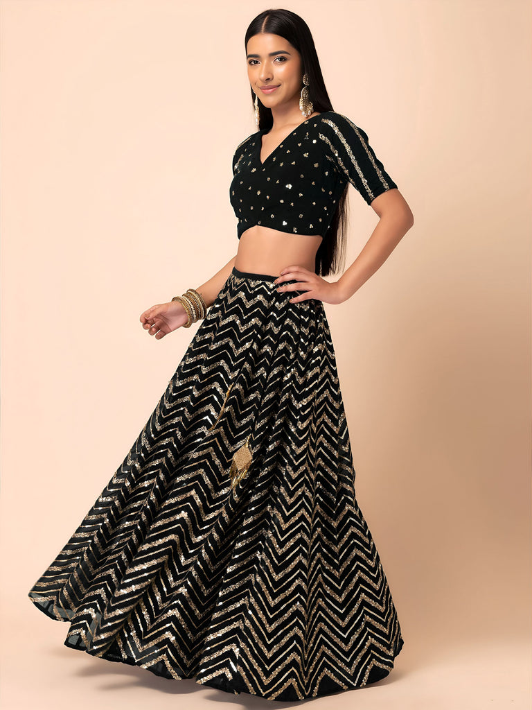 Lovely Black Zari Embroidered Georgette Reception Wear Lehenga Choli
