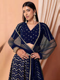 Alluring Navy Blue Embroidered Georgette Lehenga Choli With Dupatta