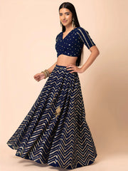 Alluring Navy Blue Embroidered Georgette Lehenga Choli With Dupatta
