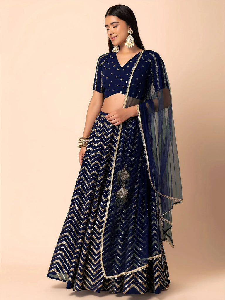 Alluring Navy Blue Embroidered Georgette Lehenga Choli With Dupatta