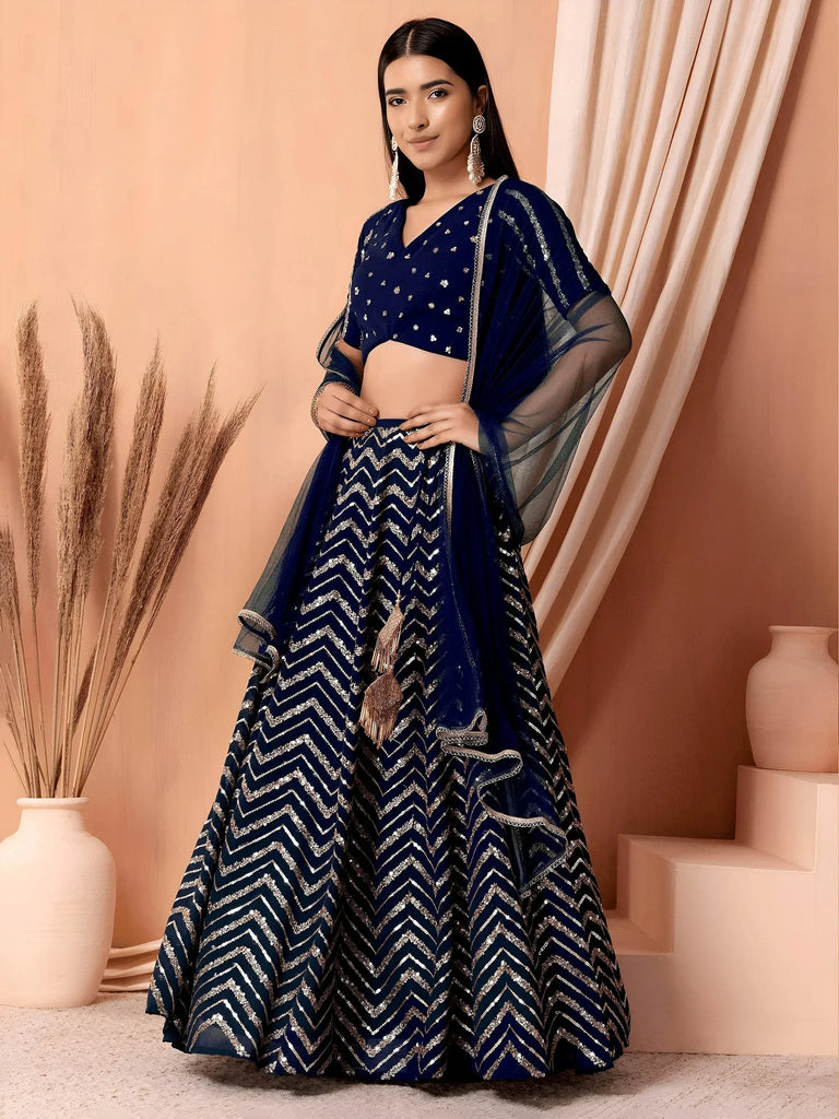 Alluring Navy Blue Embroidered Georgette Lehenga Choli With Dupatta