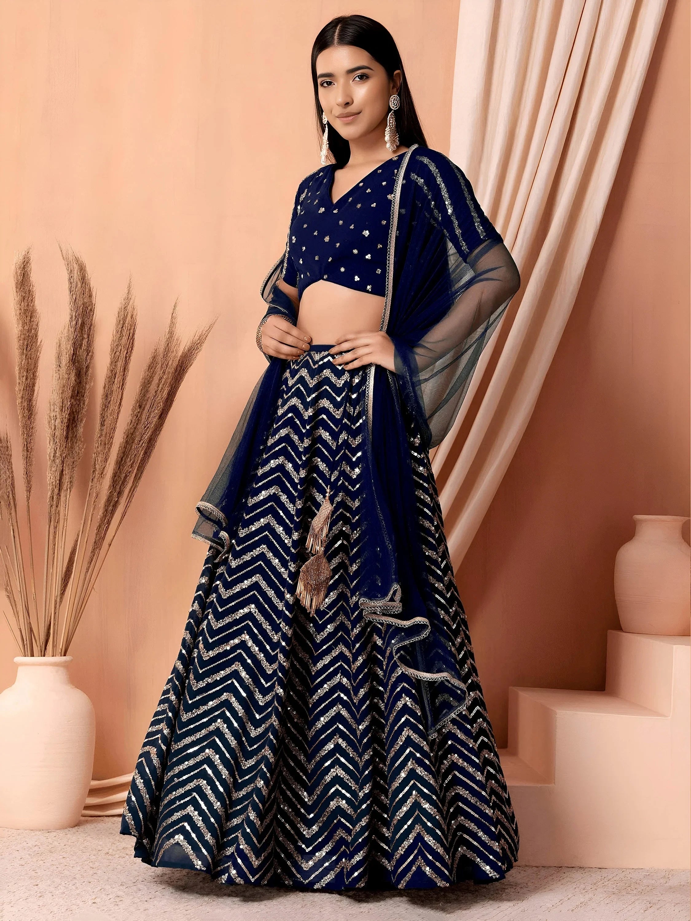 Alluring Navy Blue Embroidered Georgette Lehenga Choli With Dupatta