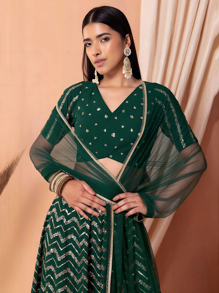 Attractive Green Embroidered Georgette Mehendi Wear Lehenga Choli