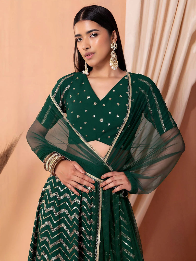 Attractive Green Embroidered Georgette Mehendi Wear Lehenga Choli