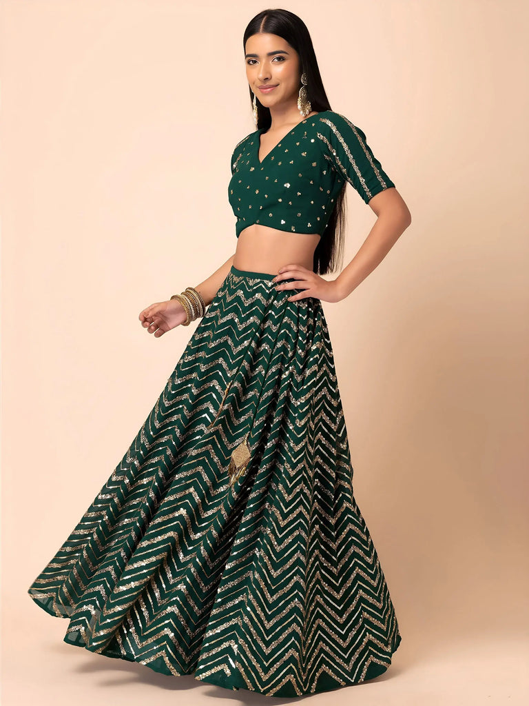 Attractive Green Embroidered Georgette Mehendi Wear Lehenga Choli