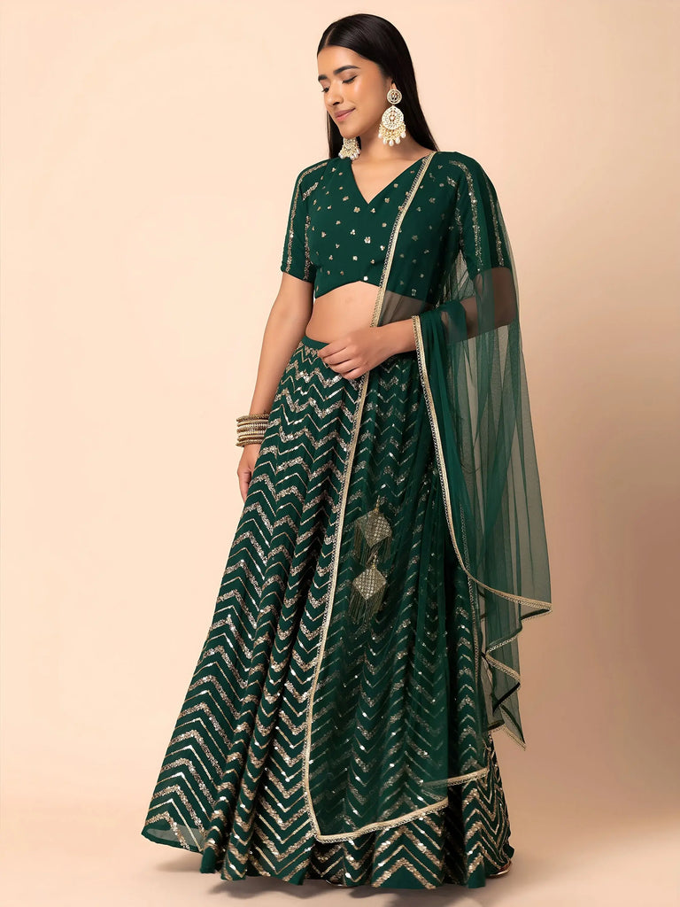 Attractive Green Embroidered Georgette Mehendi Wear Lehenga Choli