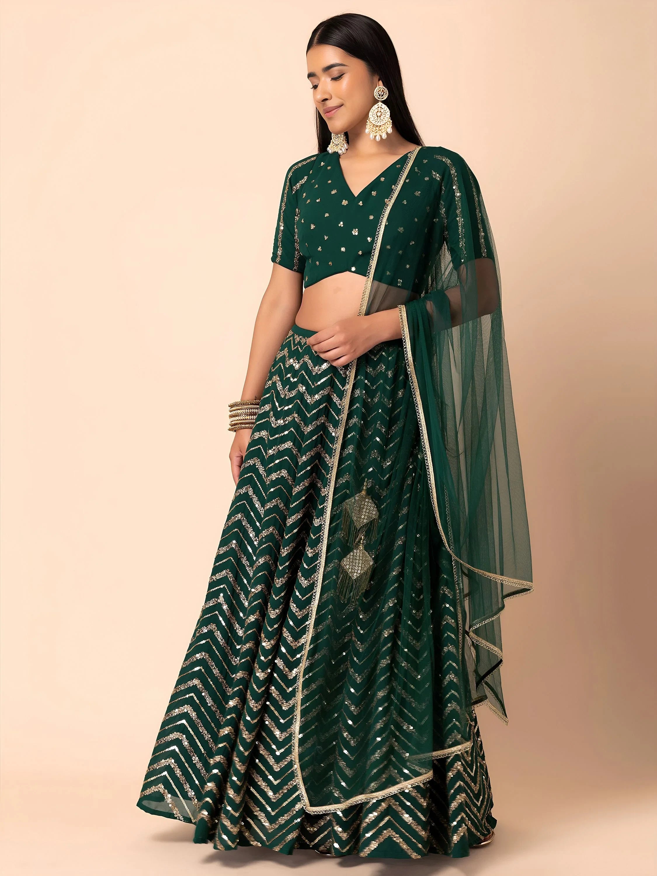 Attractive Green Embroidered Georgette Mehendi Wear Lehenga Choli