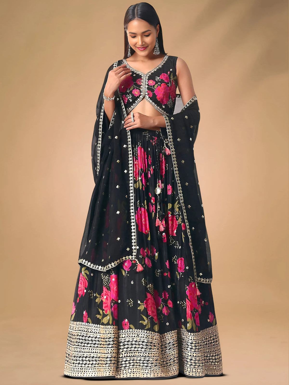 Pretty Black Chinon Floral Printed Lehenga Choli