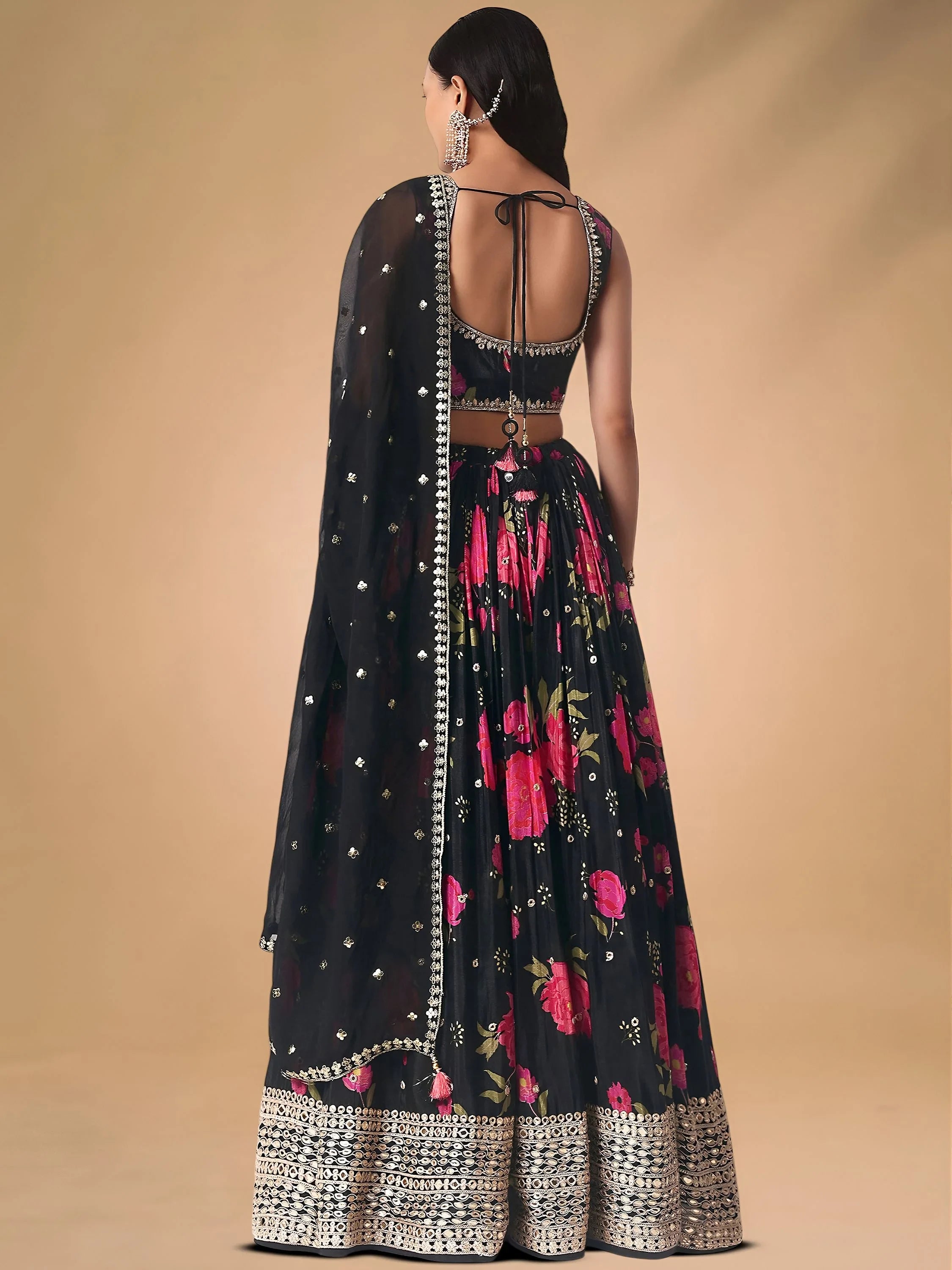 Pretty Black Chinon Floral Printed Lehenga Choli