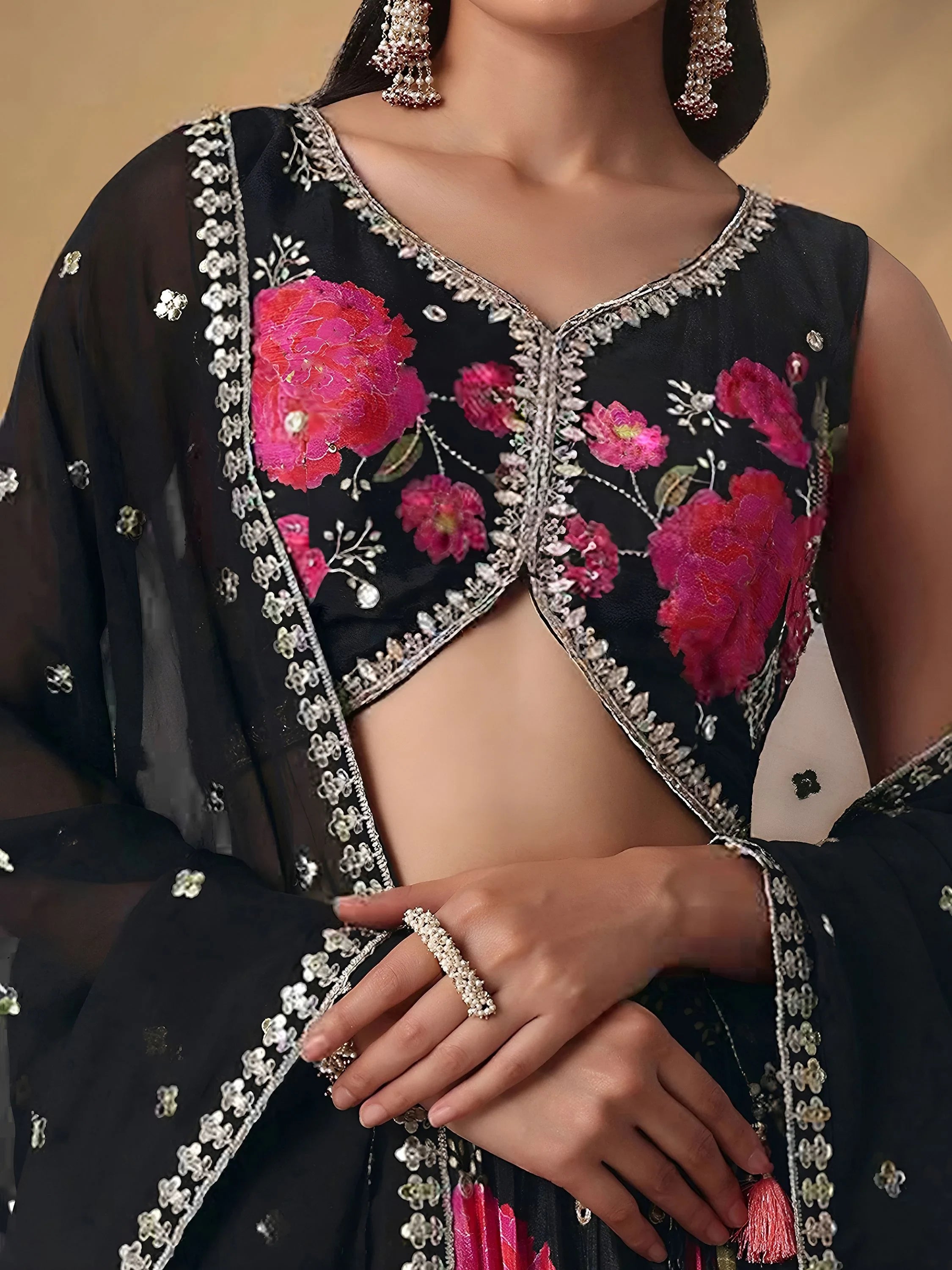 Pretty Black Chinon Floral Printed Lehenga Choli