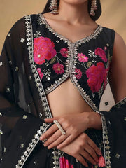 Pretty Black Chinon Floral Printed Lehenga Choli