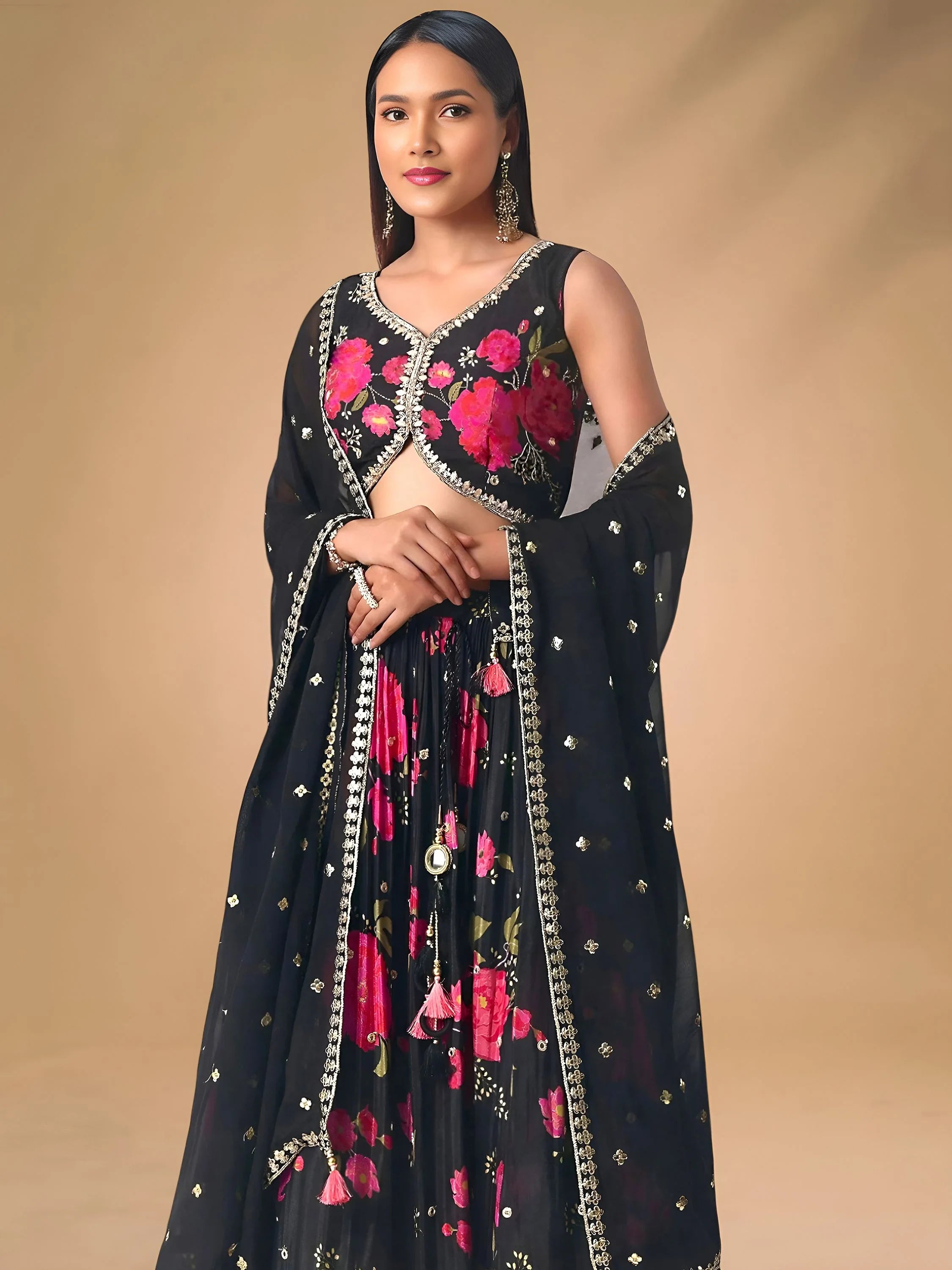 Pretty Black Chinon Floral Printed Lehenga Choli