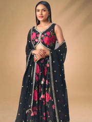 Pretty Black Chinon Floral Printed Lehenga Choli