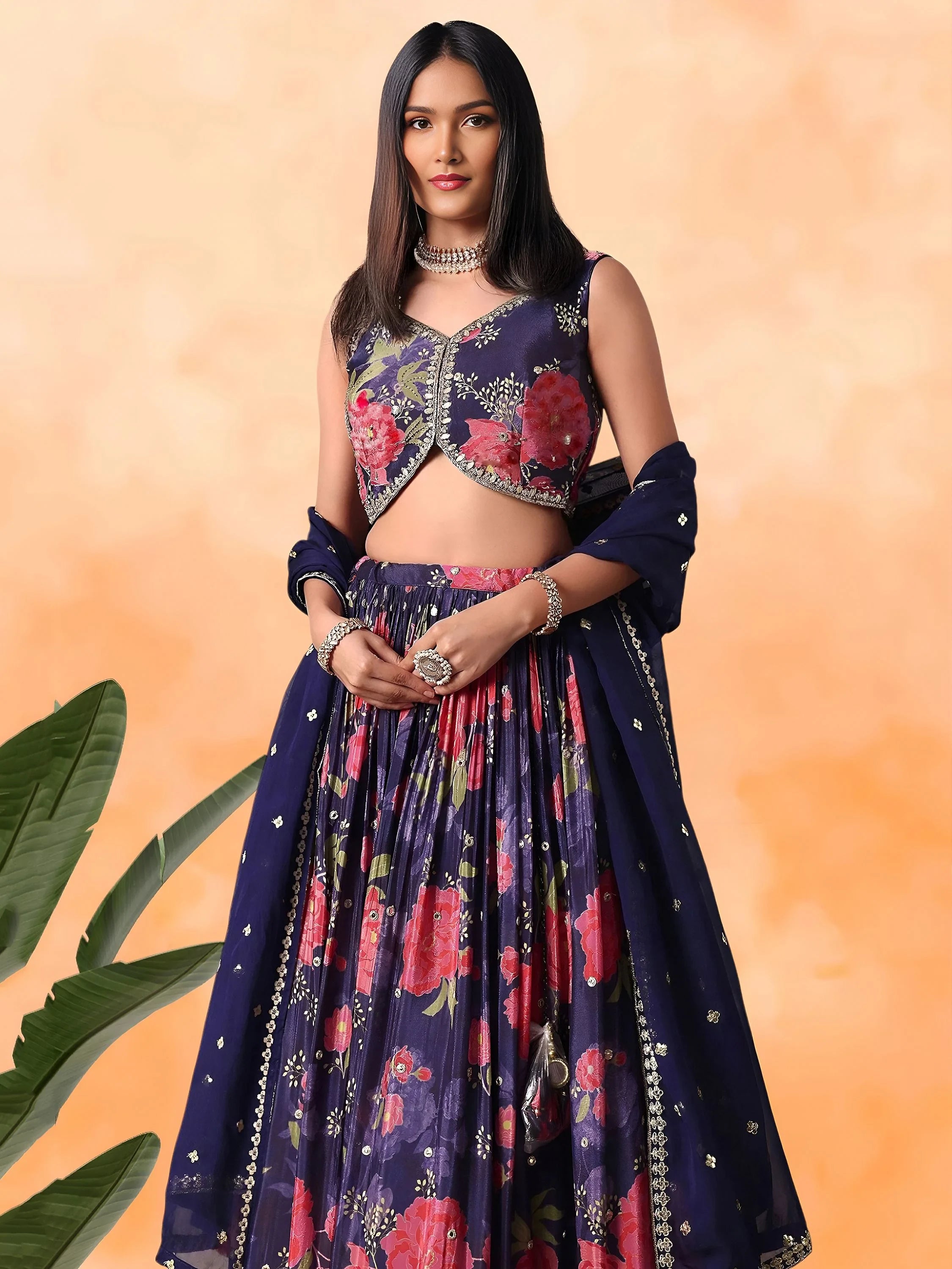 Rich Purple Floral Printed Chinon Lehenga Choli With Dupatta