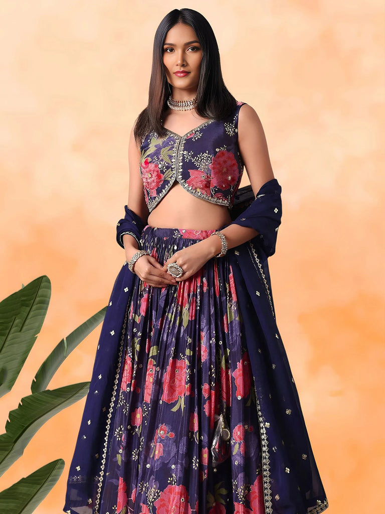 Rich Purple Floral Printed Chinon Lehenga Choli With Dupatta