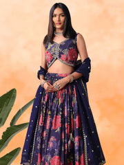 Rich Purple Floral Printed Chinon Lehenga Choli With Dupatta