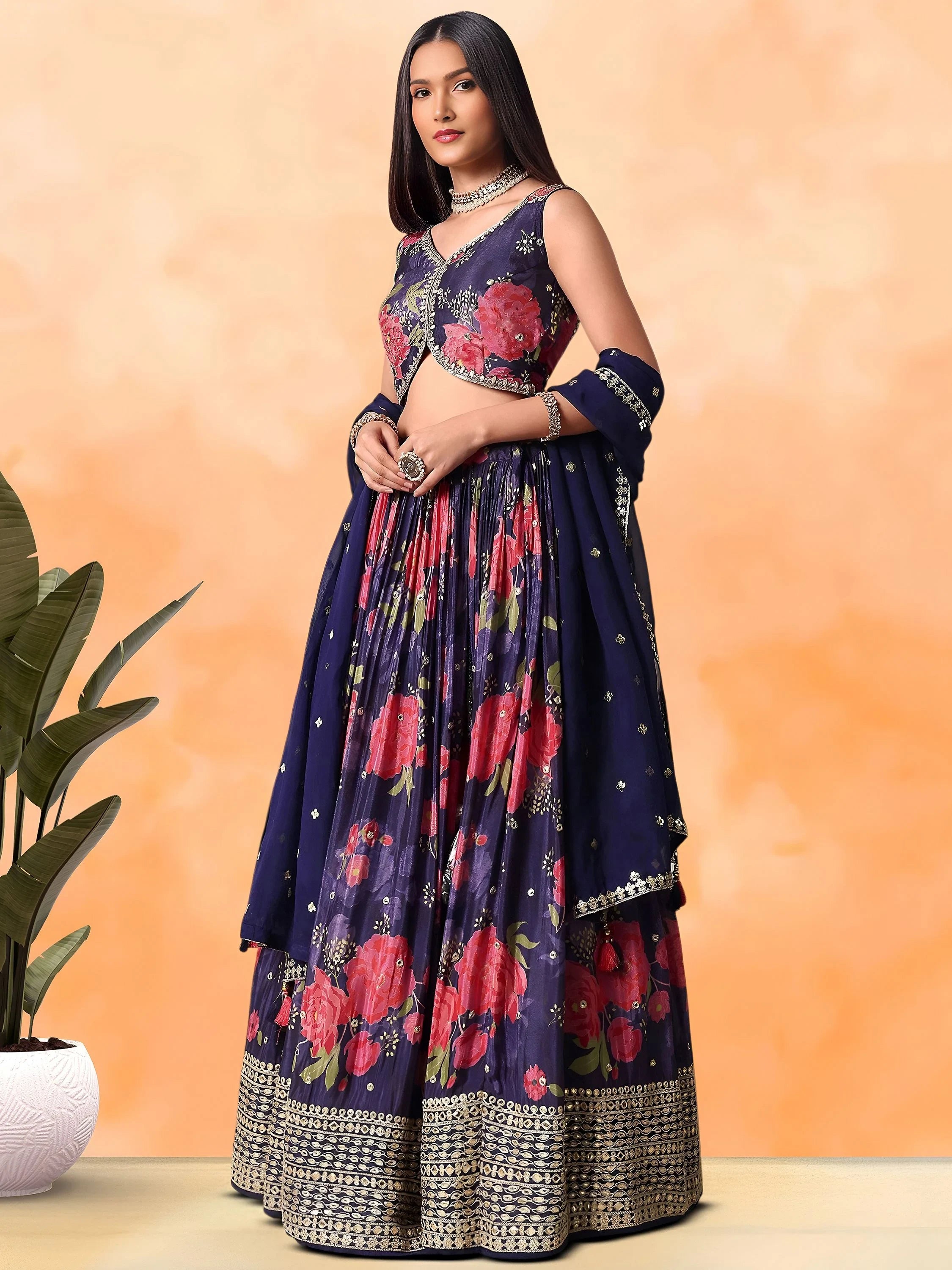 Rich Purple Floral Printed Chinon Lehenga Choli With Dupatta