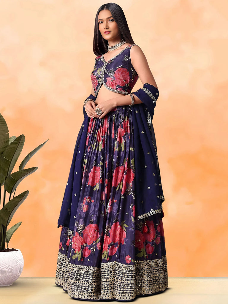 Rich Purple Floral Printed Chinon Lehenga Choli With Dupatta
