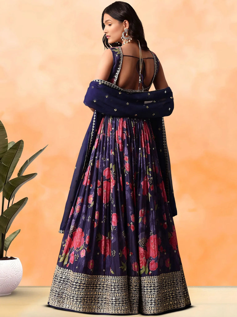 Rich Purple Floral Printed Chinon Lehenga Choli With Dupatta