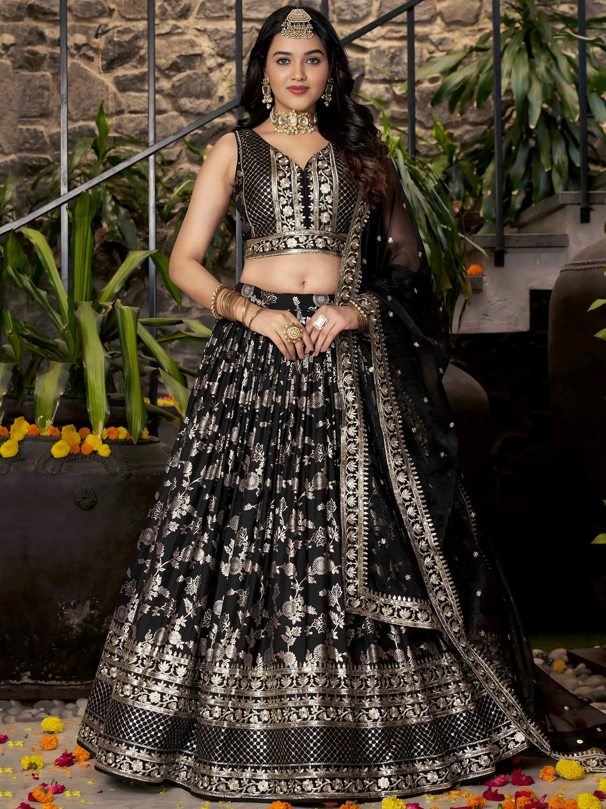 Delicate Black Silk Zari Embroidered Lehenga Choli With Dupatta