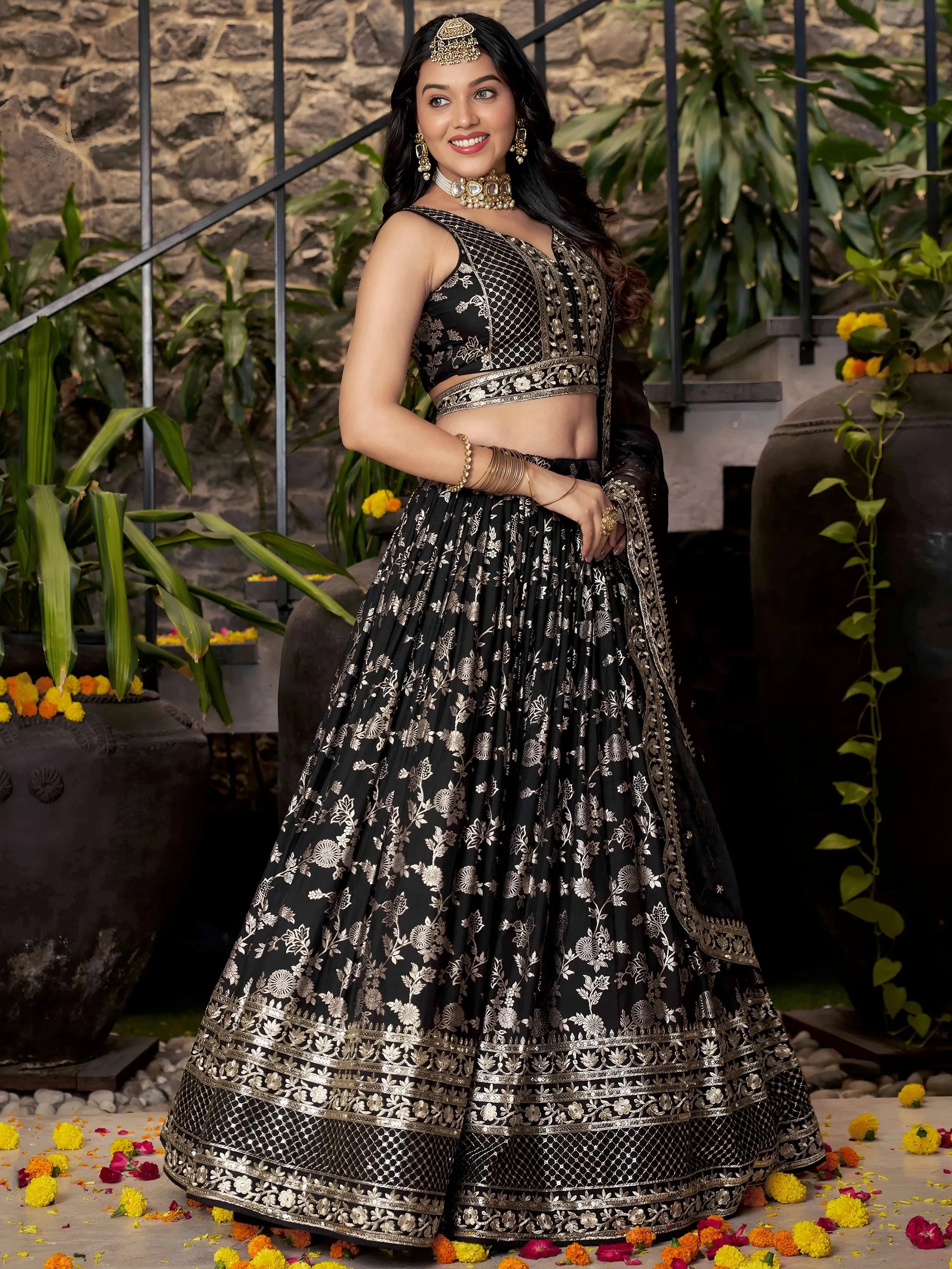Delicate Black Silk Zari Embroidered Lehenga Choli With Dupatta