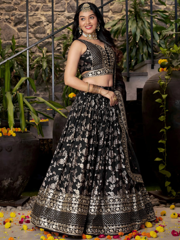 Delicate Black Silk Zari Embroidered Lehenga Choli With Dupatta