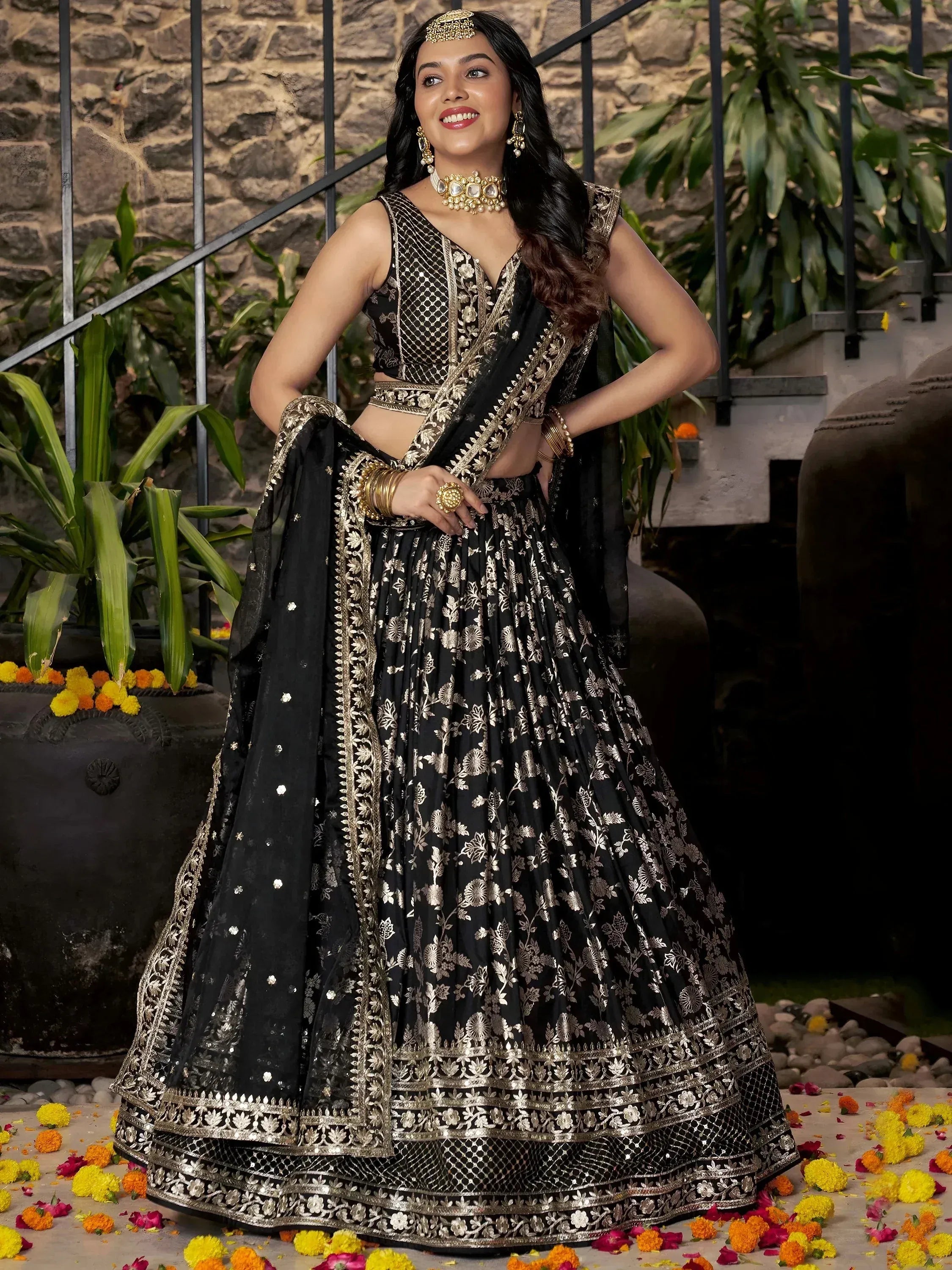 Delicate Black Silk Zari Embroidered Lehenga Choli With Dupatta