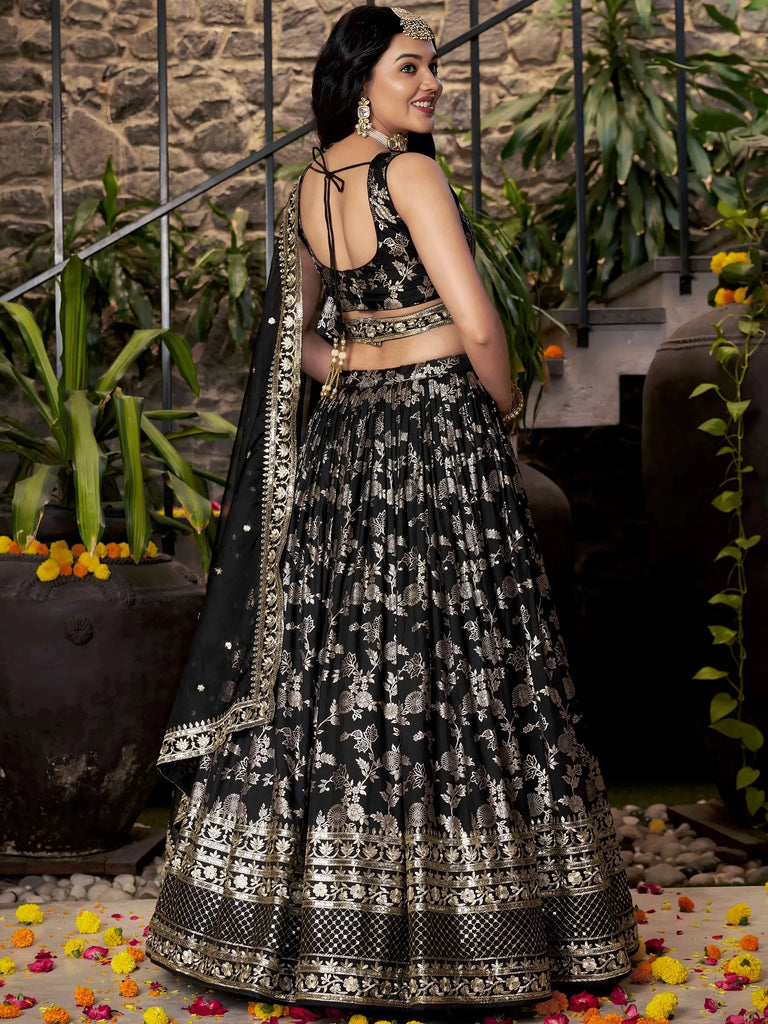 Delicate Black Silk Zari Embroidered Lehenga Choli With Dupatta