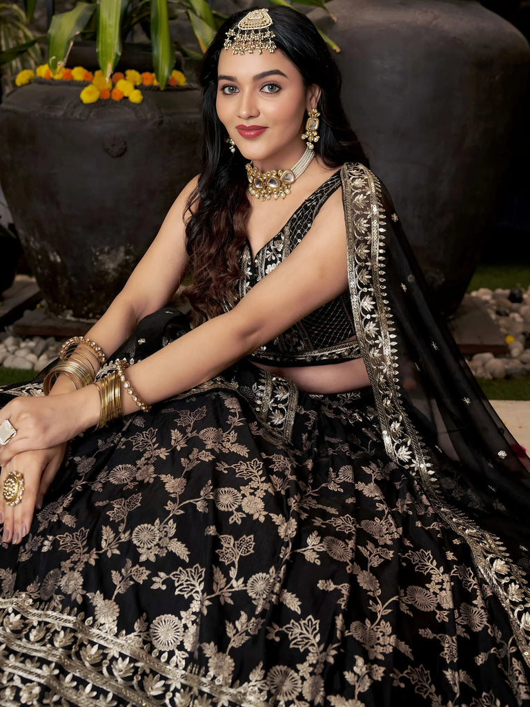 Delicate Black Silk Zari Embroidered Lehenga Choli With Dupatta