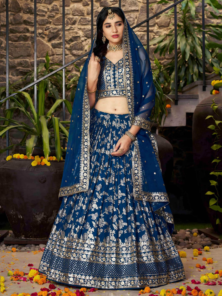Sweet Dove Blue Zari Embroidered Designer Lehenga Choli